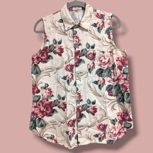 Guess Vintage Off-White Red Floral Button-Up Shirt Vest 90s Grandma
